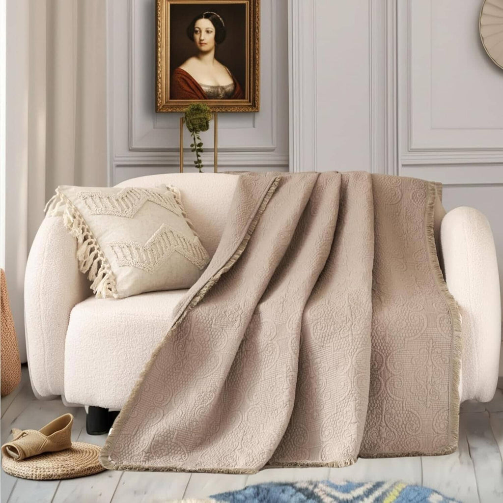 Neutral Fringed Cotton Throw Blanket