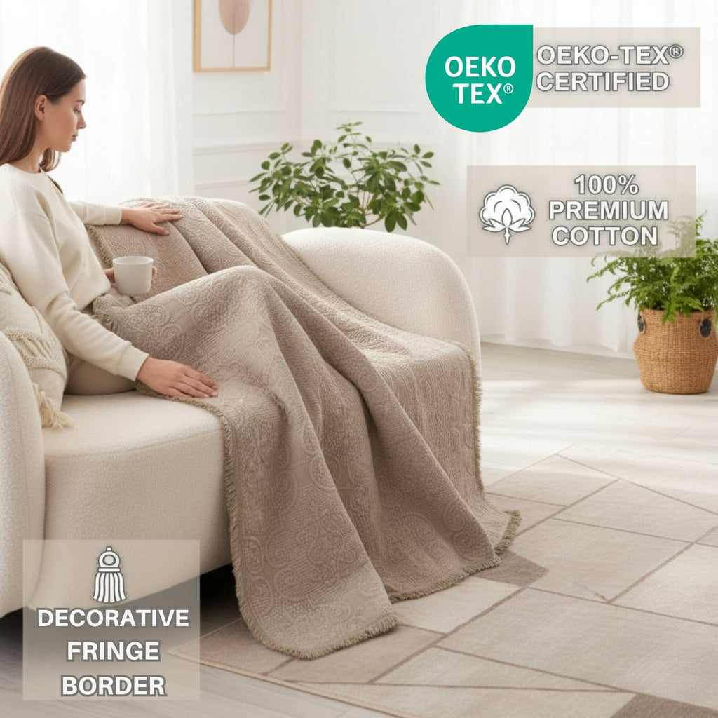 Neutral Fringed Cotton Throw Blanket