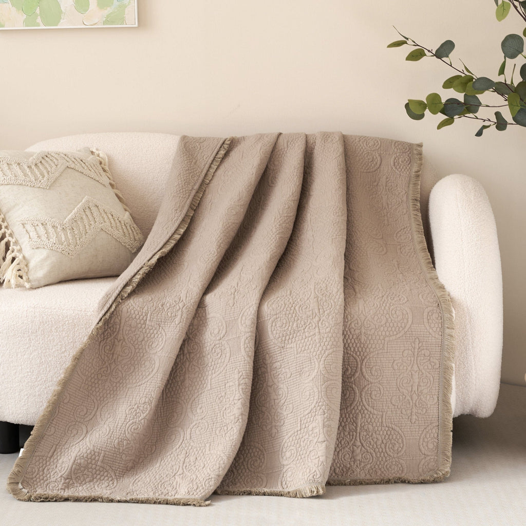 Neutral Fringed Cotton Throw Blanket