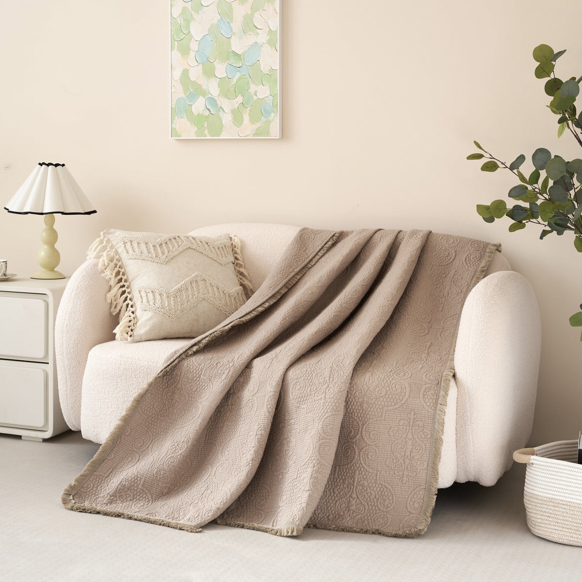 Neutral Fringed Cotton Throw Blanket