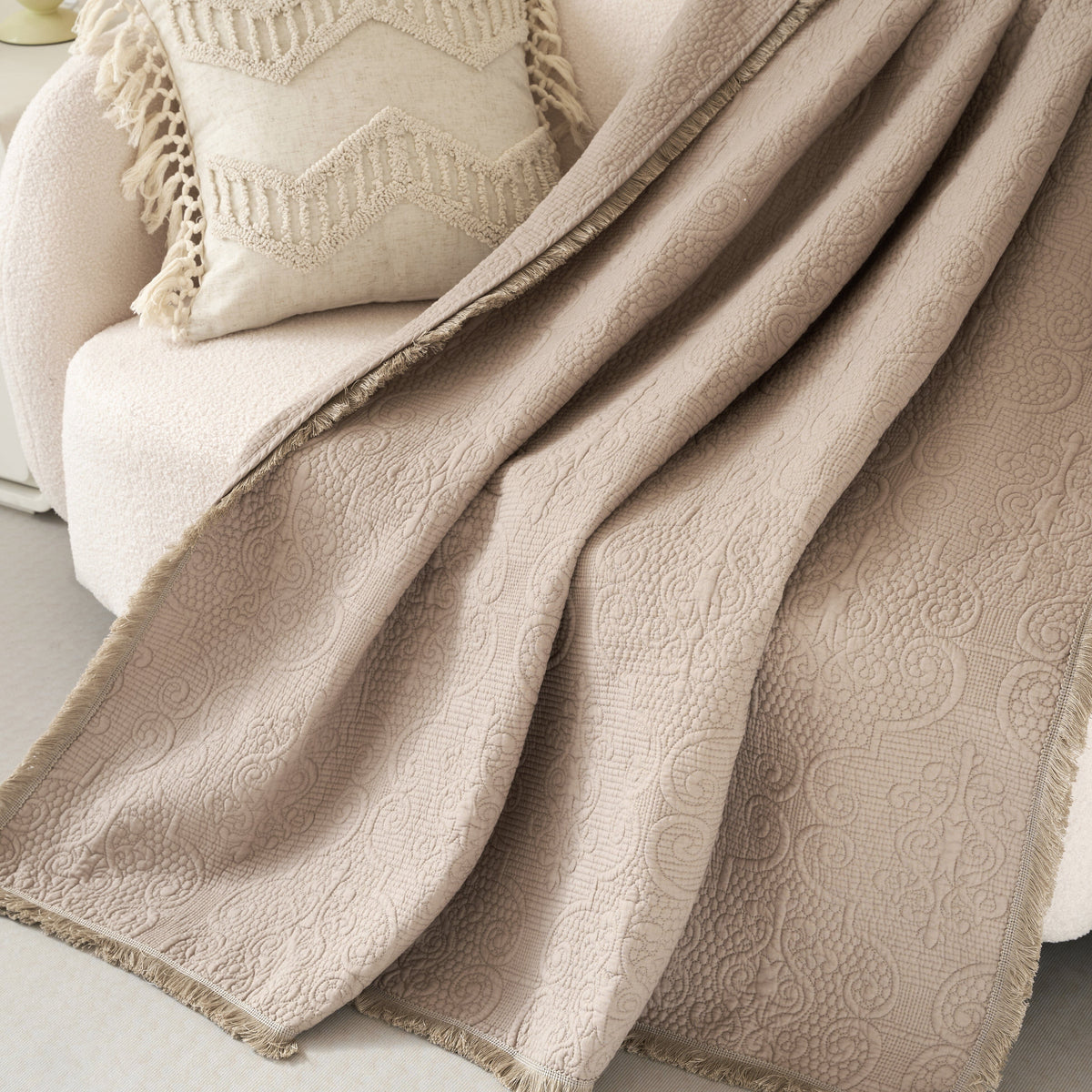 Neutral Fringed Cotton Throw Blanket