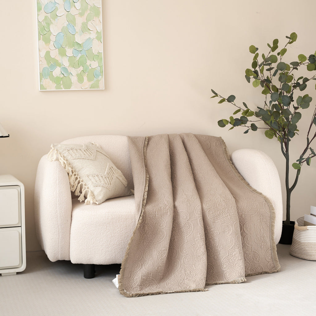 Neutral Fringed Cotton Throw Blanket