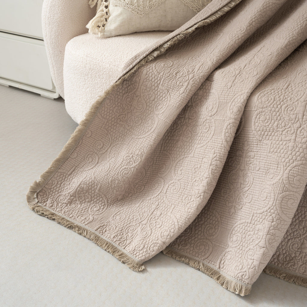 Neutral Fringed Cotton Throw Blanket