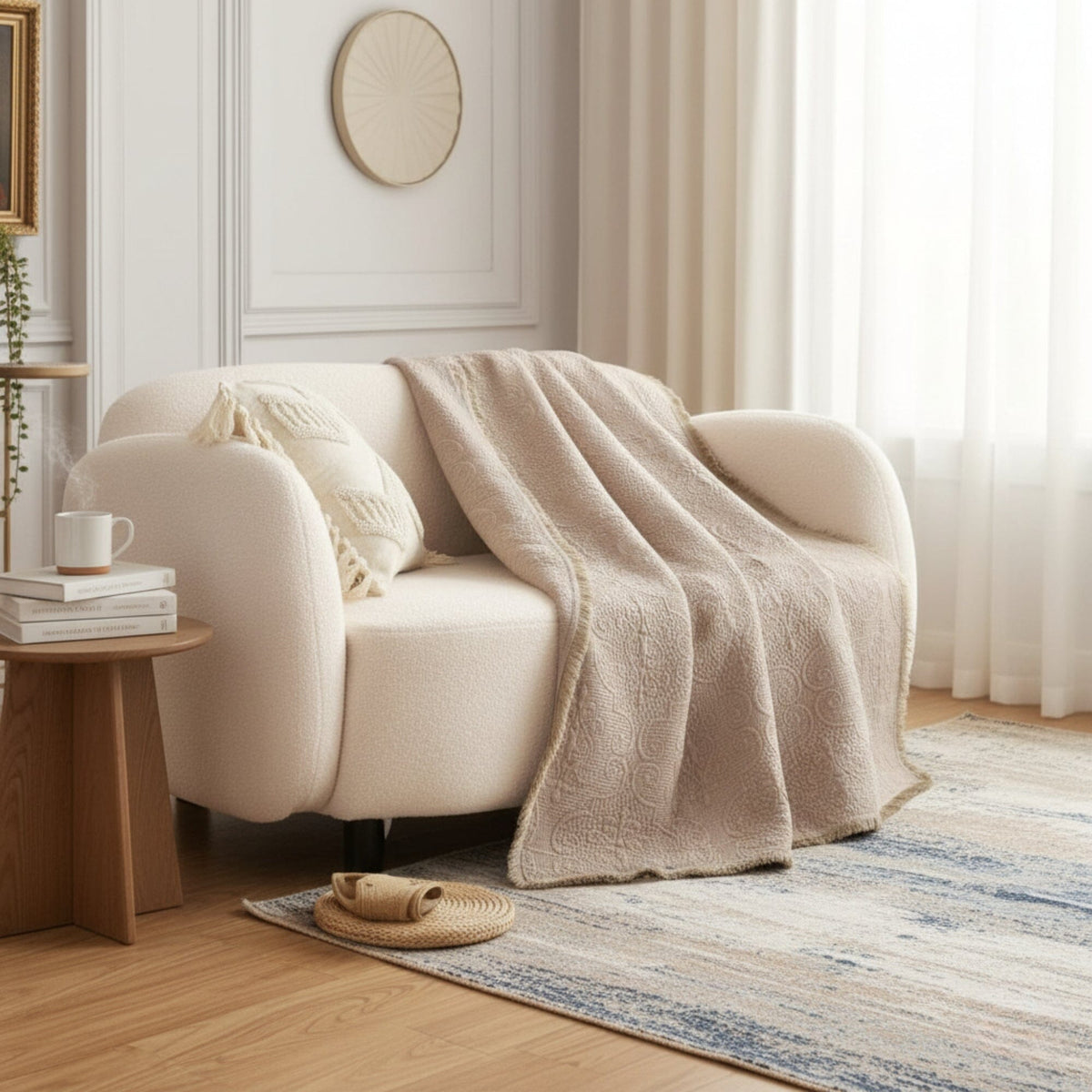 Neutral Fringed Cotton Throw Blanket
