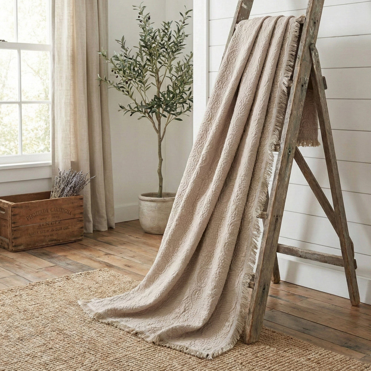 Neutral Fringed Cotton Throw Blanket