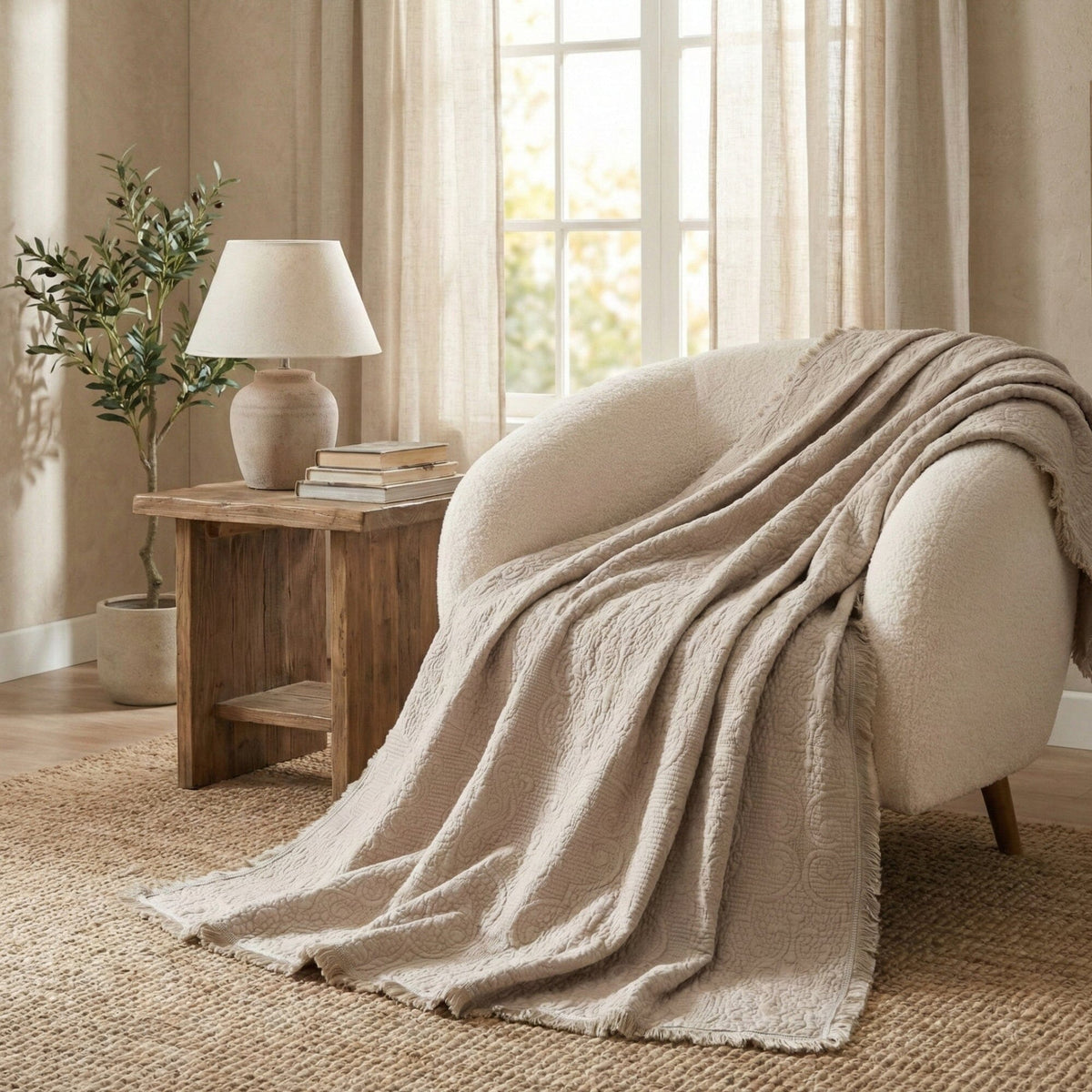 Neutral Fringed Cotton Throw Blanket