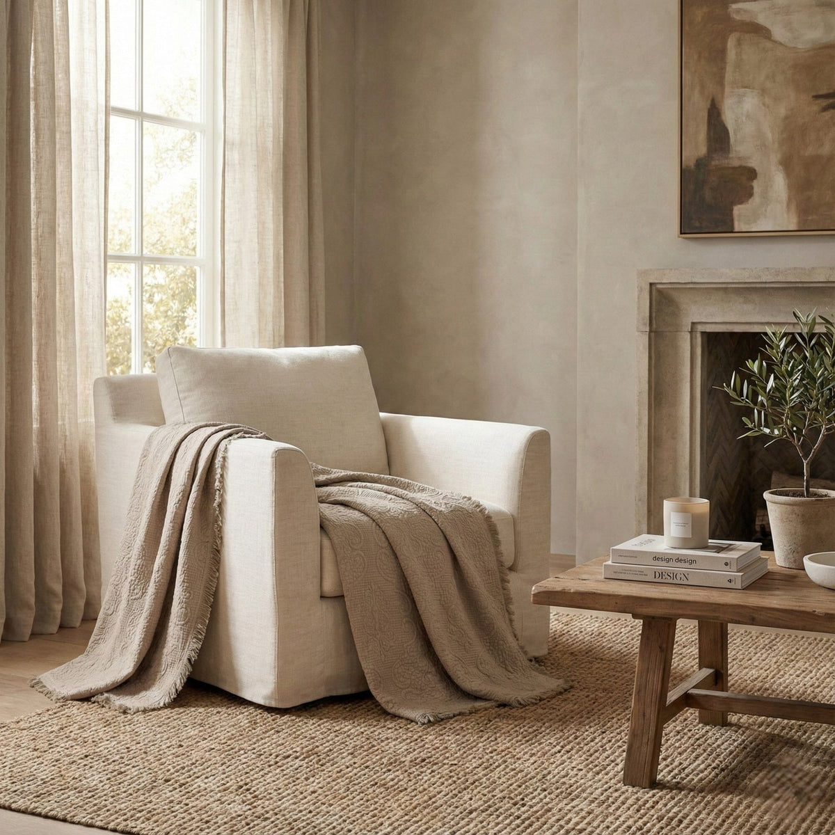 Neutral Fringed Cotton Throw Blanket