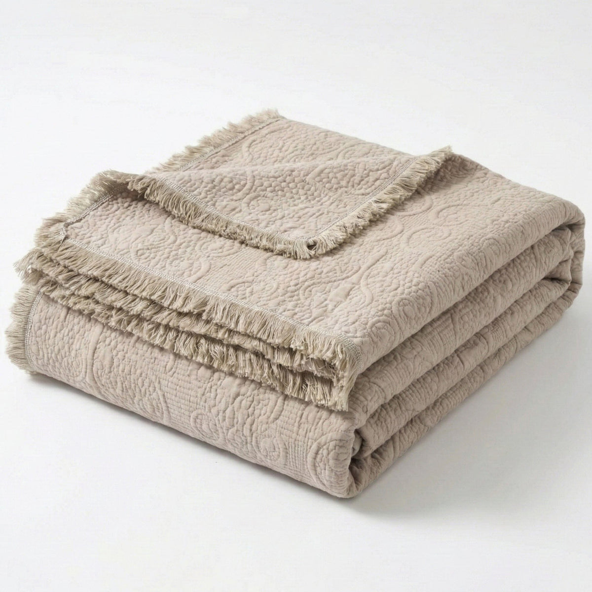 Neutral Fringed Cotton Throw Blanket