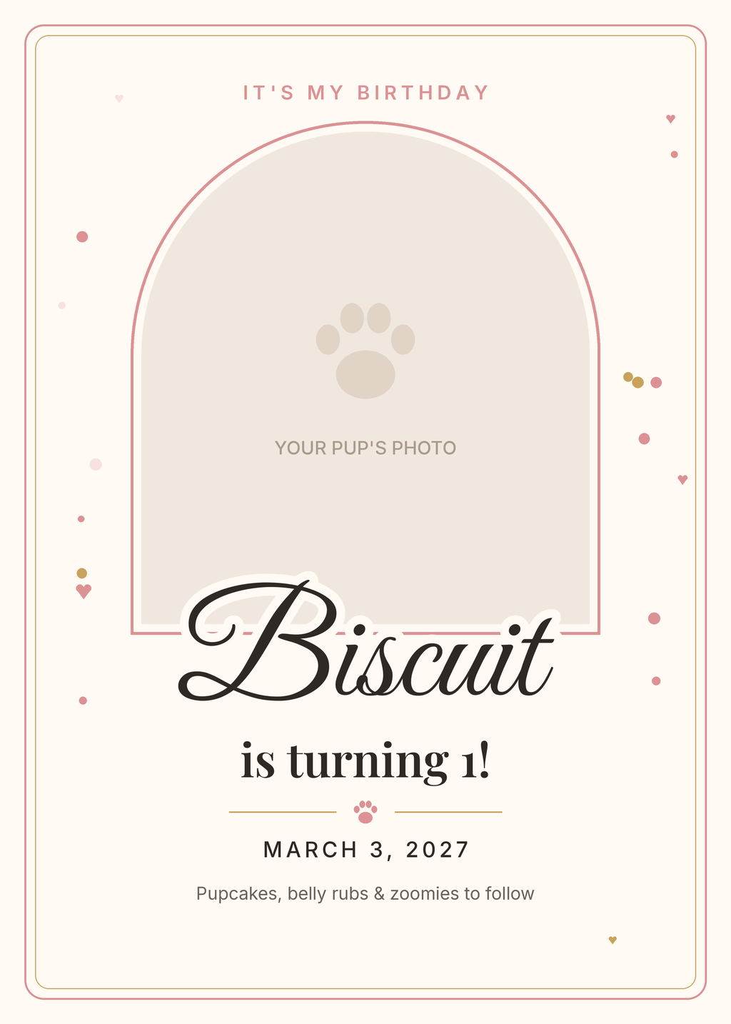 Custom dog birthday announcement card sample showing where your pup's photo, name, age and birthday go