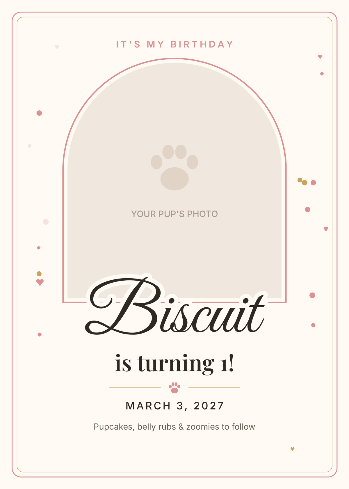 Custom dog birthday announcement card sample showing where your pup's photo, name, age and birthday go